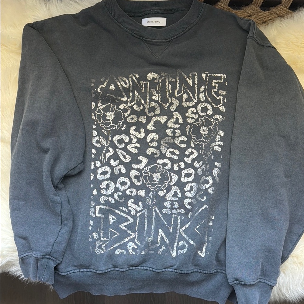 Anine Bing Charcoal Crewneck Sweatshirt with Silver Leopard & Floral Graphic